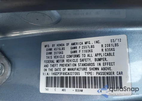 2012 Honda Accord 3.5 Ex-L z USA, uszkodzony, nr VIN 1HGCP3F88CA027065